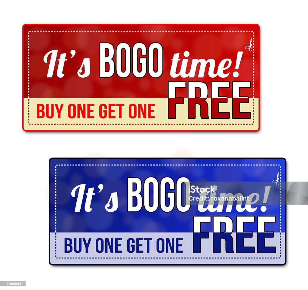 Bogo coupon, voucher, tag Bogo, Buy One Get one Free Sale coupon, voucher, tag. Red and blue template with frame, dotted line (dash line) BOGO Discount stock illustration