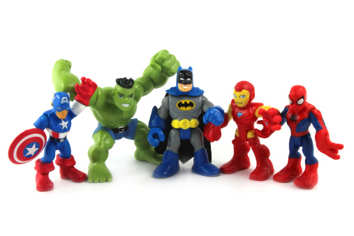 Trowbridge, Wiltshire, UK - May 07, 2014: Photograph of plastic toy figures from Marvel's 'Super Hero Squad' range. Hasbro began manufacture of the range in 2006. The line features 2-inch scale replicas of comic book heroes from the Marvel Comics universe. The line was designed for younger collectors but has become a hit with fans of all ages despite the 
