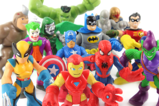 Trowbridge, Wiltshire, UK - May 07, 2014: Photograph of plastic toy figures from Marvel's 'Super Hero Squad' range. Hasbro began manufacture of the range in 2006. The line features 2-inch scale replicas of comic book heroes from the Marvel Comics universe. The line was designed for younger collectors but has become a hit with fans of all ages despite the 