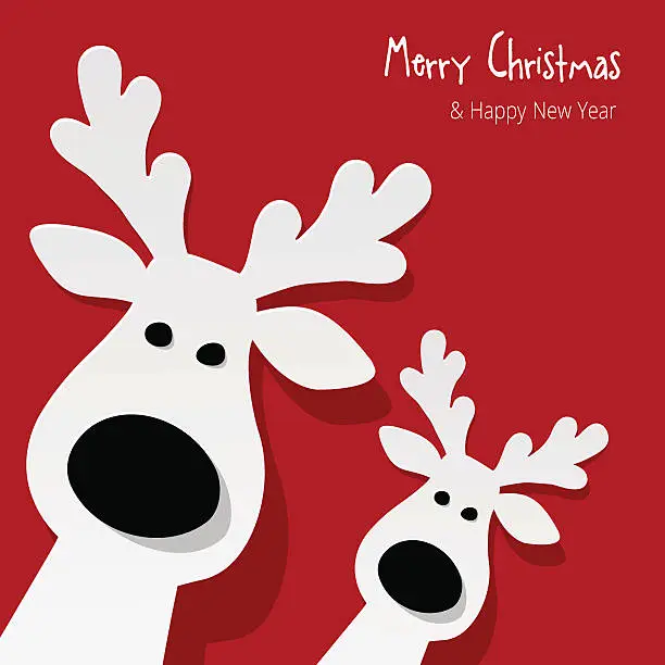 Vector illustration of Two white Reindeer on a red background.