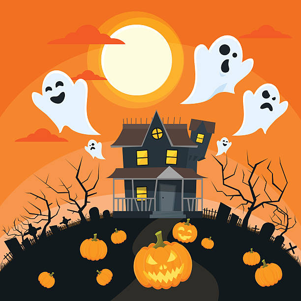 istock Halloween House Goust Pumpkin Face Party Invitation Card 490611956