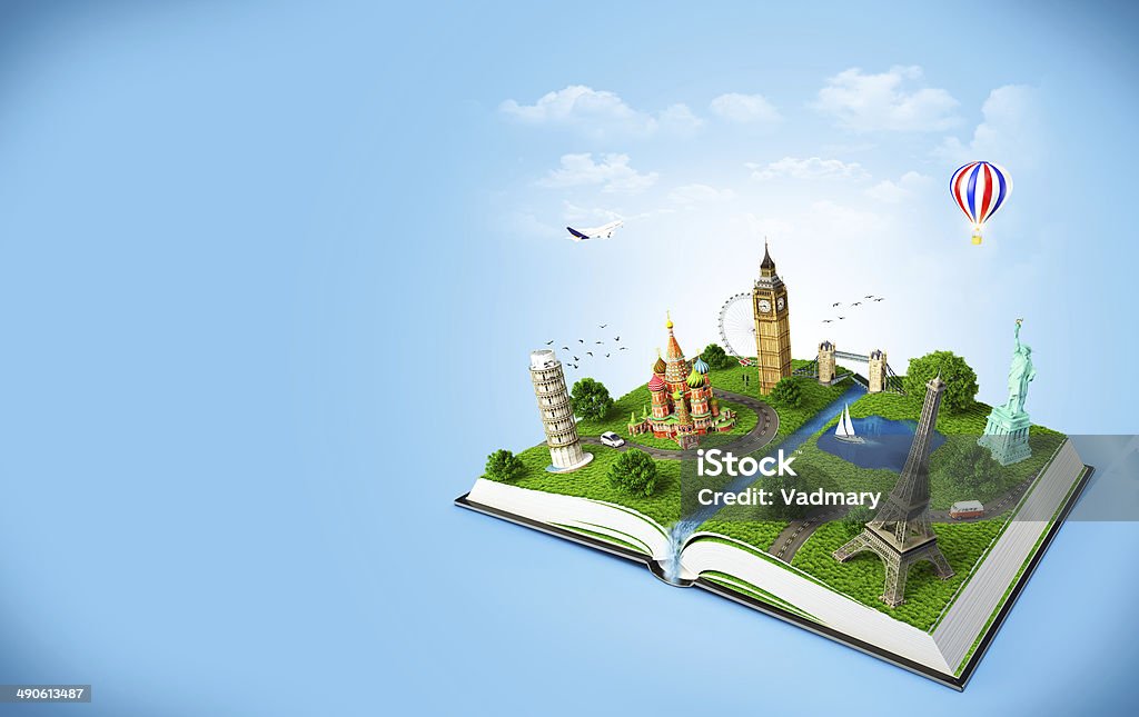 travel book illustration of a opened book with famous monuments. traveling Agricultural Field Stock Photo