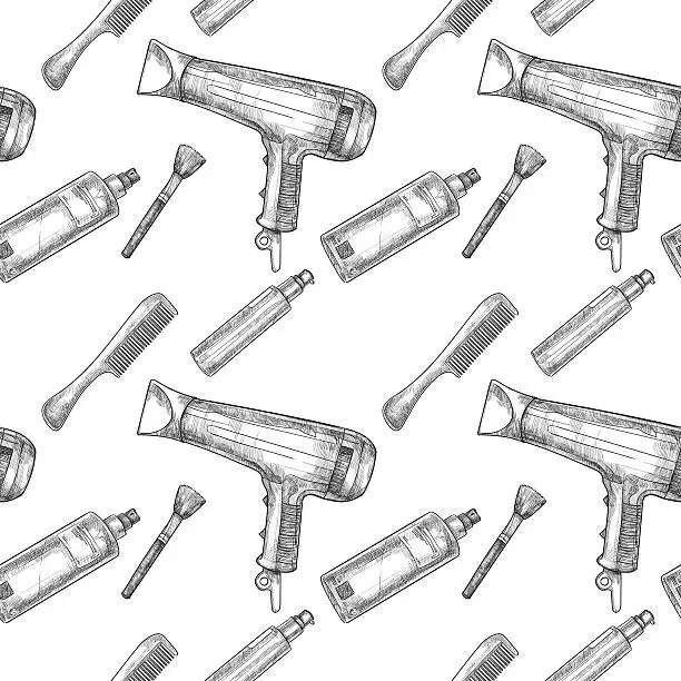 Vector illustration of Hand-drawn vector seamless pattern - hairdresser tools