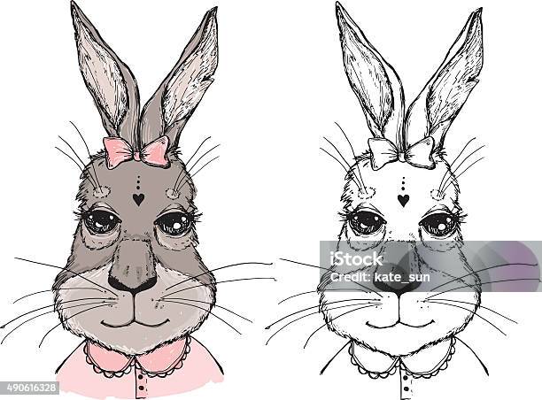 Handdrawn Vector Illustration Bunny Girl With Bow Vintage Stock Illustration - Download Image Now