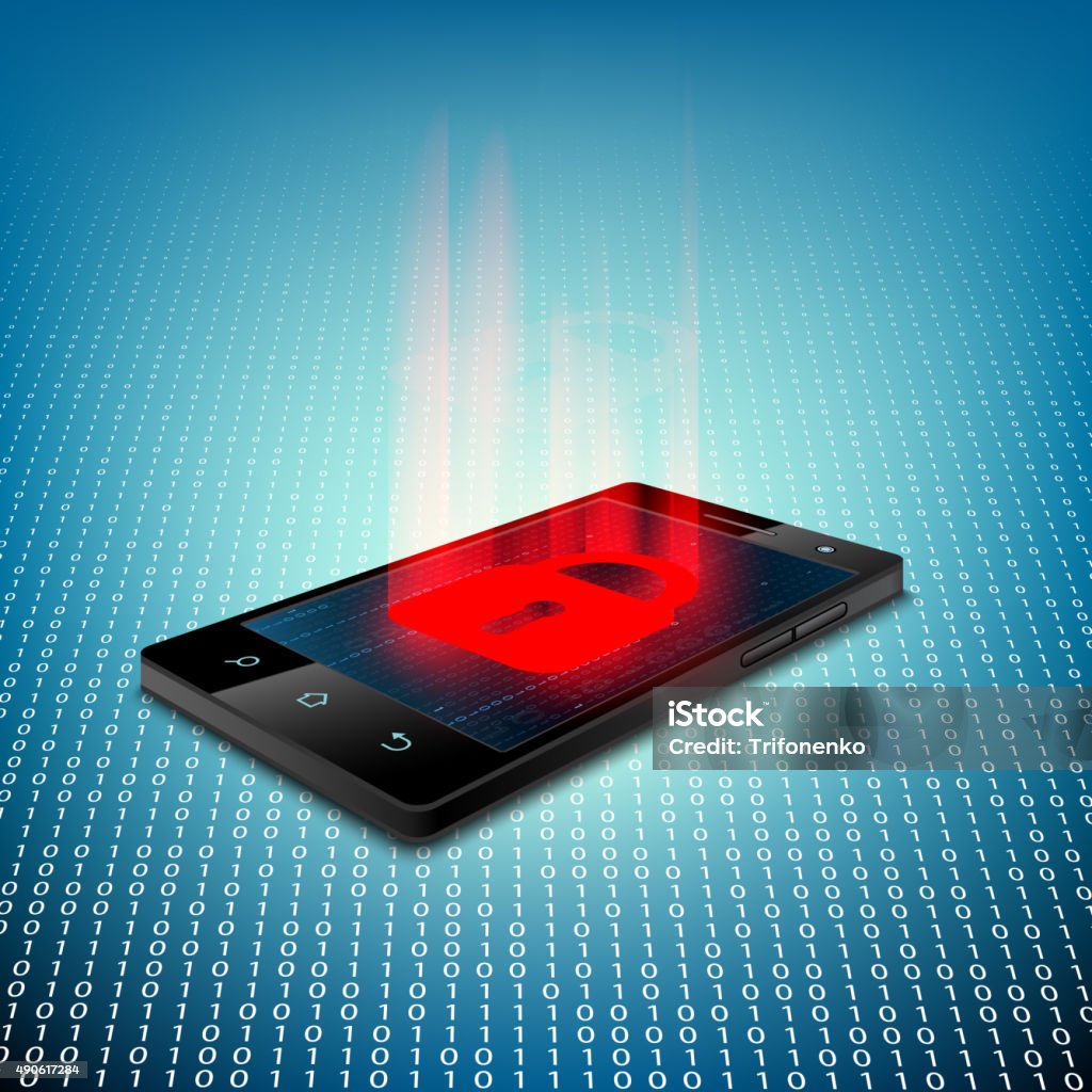 Black smartphone Black smartphone on a background of binary code. Sign of the red lock on the screen. Stock Vector. Security stock vector