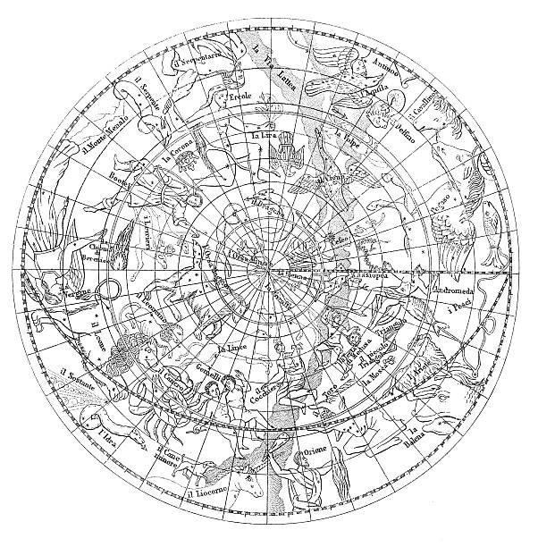 ilustrações, clipart, desenhos animados e ícones de antigo ilustração de astronomia constelações - engraved image gear old fashioned machine part