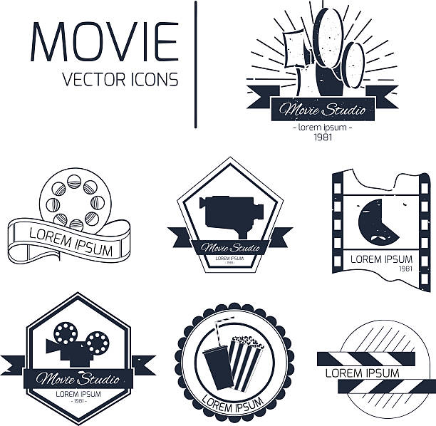 Set of vector cinema emblems Set of vector cinema icons and signs. Movie studios and cinema badges. Vintage emblems with sample text. camera engraving old retro revival stock illustrations