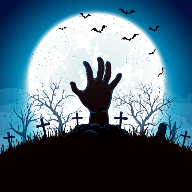 ilustraciones, imágenes clip art, dibujos animados e iconos de stock de azul fondo halloween con mano y luna - zombie halloween cemetery human hand