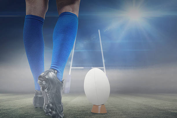 Composite image of rugby player on pitch