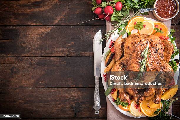 Served Roasted Turkey With Vegetables Stock Photo - Download Image Now - Turkey Meat, Christmas, Dinner