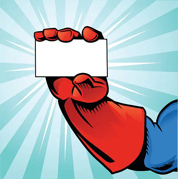 Vector illustration of Superhero Hand Holding Business Card - Blue Background