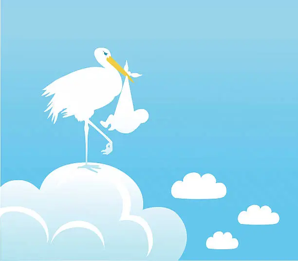 Vector illustration of Stork Resting on Cloud With Baby Boy