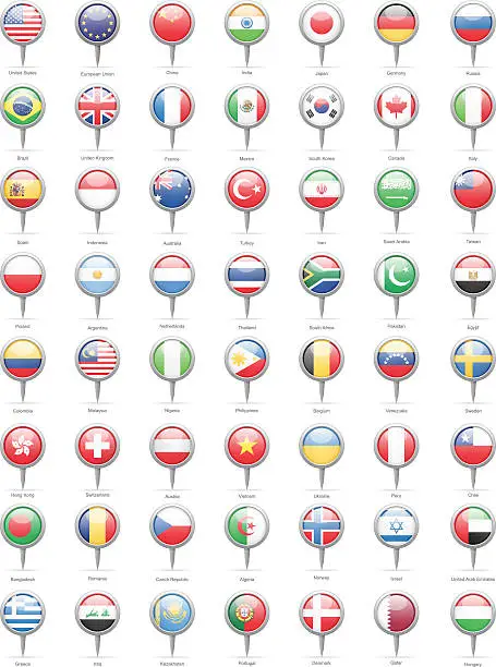 Vector illustration of World Most Popular Round Flag Pins - Illustration