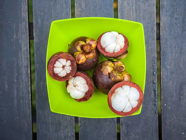 mangosteens in a plate, close up image