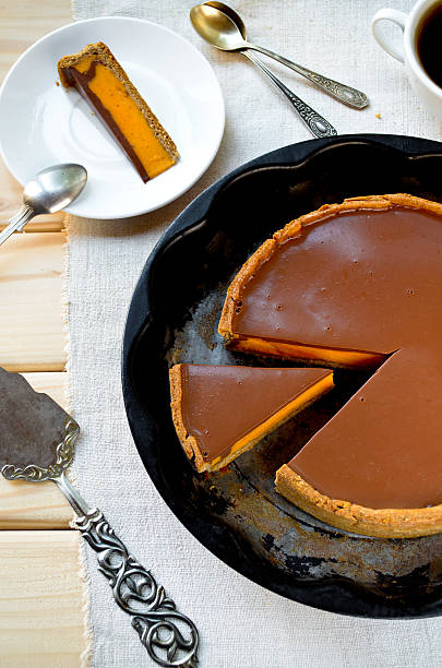 Homemade pumpkin pie with chocolate topping