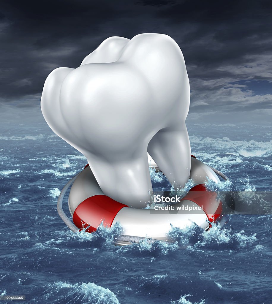 Dental Help Dental help protection as a medical dentistry concept with a white molar tooth being saved by a lifesaver or lifebelt as a metaphor for fighting against tooth decay and rescue from cavities on an ocean storm background. Anatomy Stock Photo