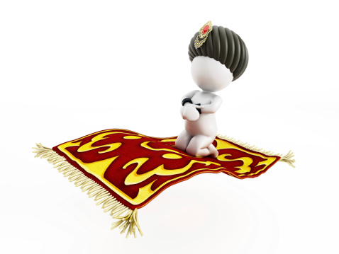 3D simple character sitting on the flying carpet moving between clouds.
