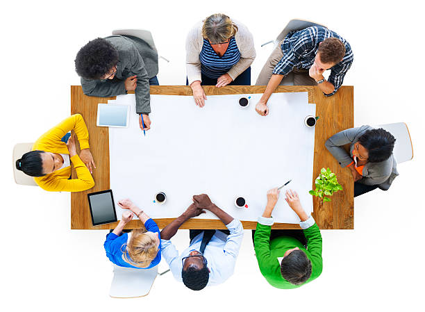 vista de cima de multi-étnica pessoas por mesa - conference table business meeting business directly above - fotografias e filmes do acervo