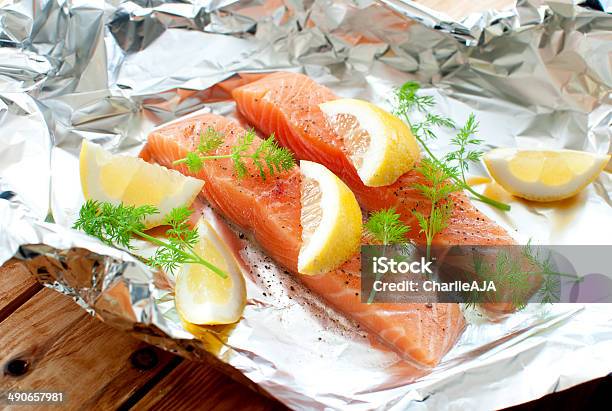 Raw Fish Fillets Stock Photo - Download Image Now - Foil - Material, Salmon - Seafood, Fish