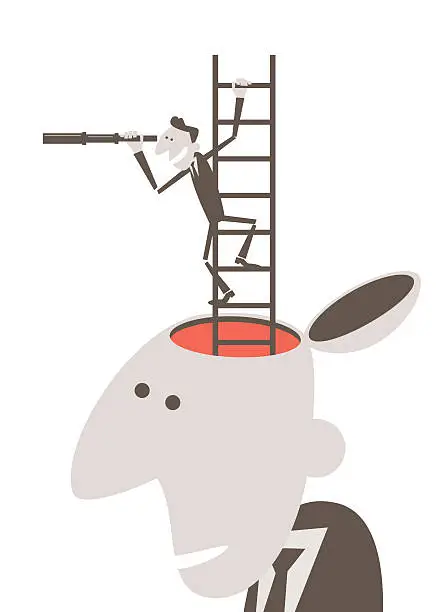 Vector illustration of business person looking through telescope on ladder inside businessman head