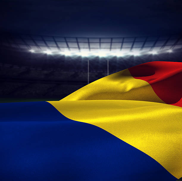 Flag of Romania against rugby stadium