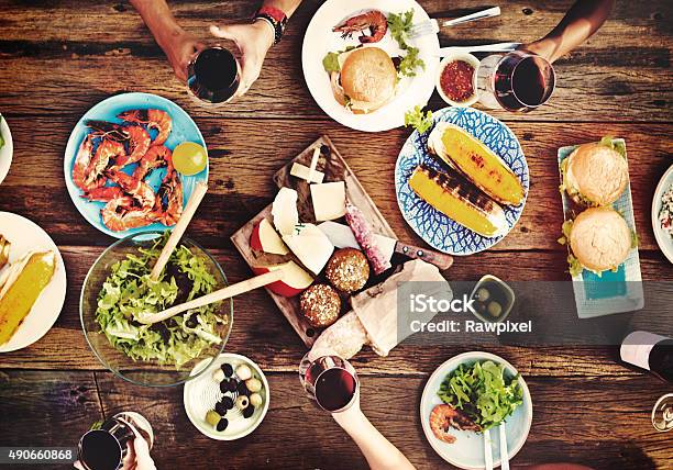 Food Table Delicious Meal Prepare Cuisine Concept Stock Photo - Download Image Now - 2015, Appetizer, Arrangement