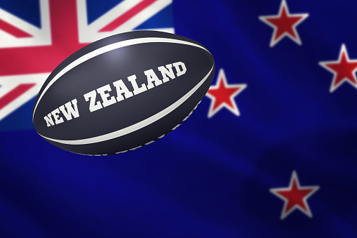 New Zealand rugby ball against new zealand over white background