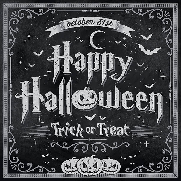 Happy Halloween on vintage Blackboard Happy Halloween written on vintage blackboard with pumpkin, bats and moon. happy halloween banner stock illustrations
