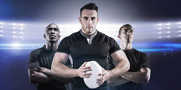 istock Composite image of tough rugby player looking at camera 490667566