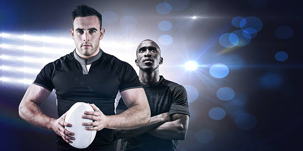 istock Composite image of tough rugby player looking at camera 490668082