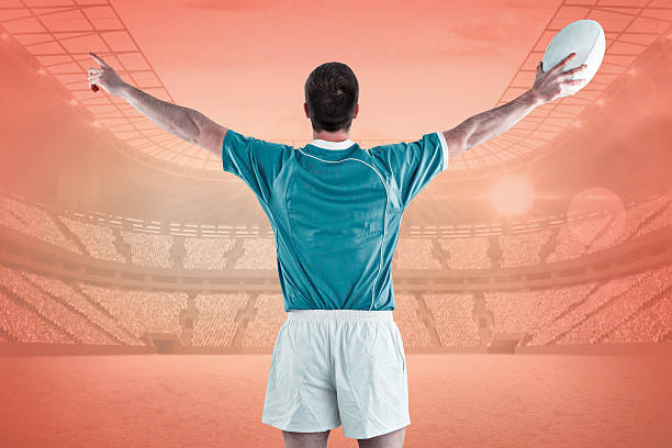 istock Composite image of rugby player gesturing with hands 490670008