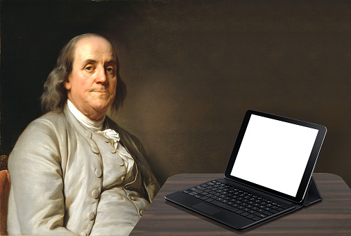 Benjamin Franklin with tablet isolated screen