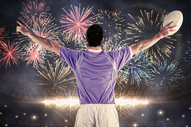 istock Composite image of rugby player gesturing with hands 490671224
