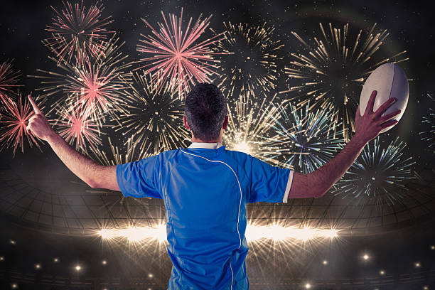 istock Composite image of rugby player gesturing with hands 490671750