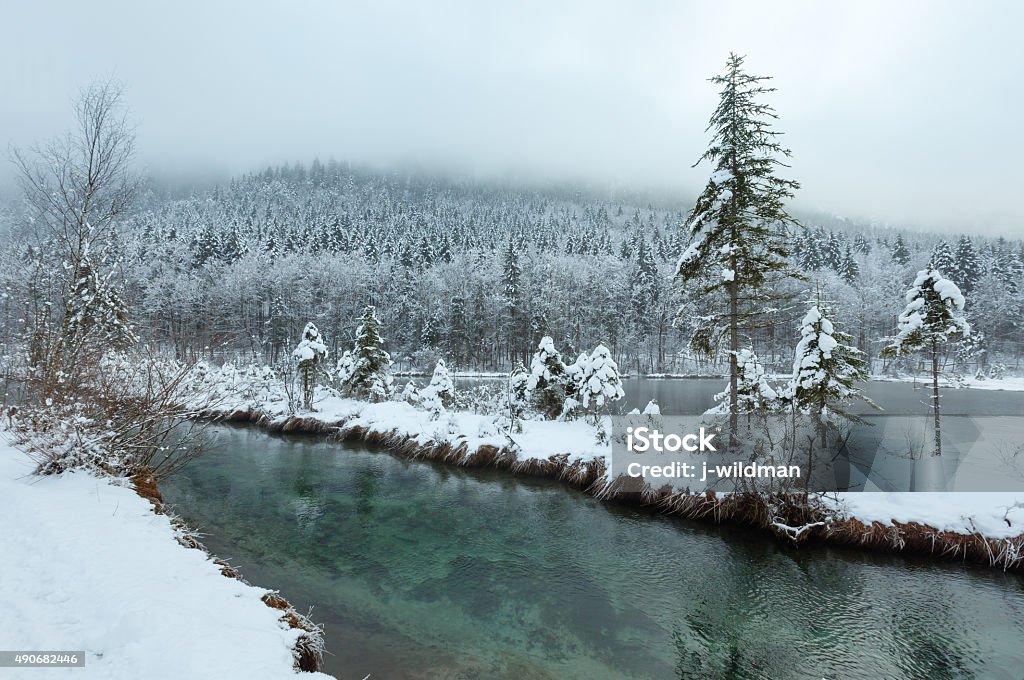 Small winter stream with snowy trees. Small winter stream with snowy trees on bank. 2015 Stock Photo