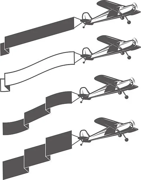 Vector illustration of Set of vintage small aircraft dragging blank ribbon