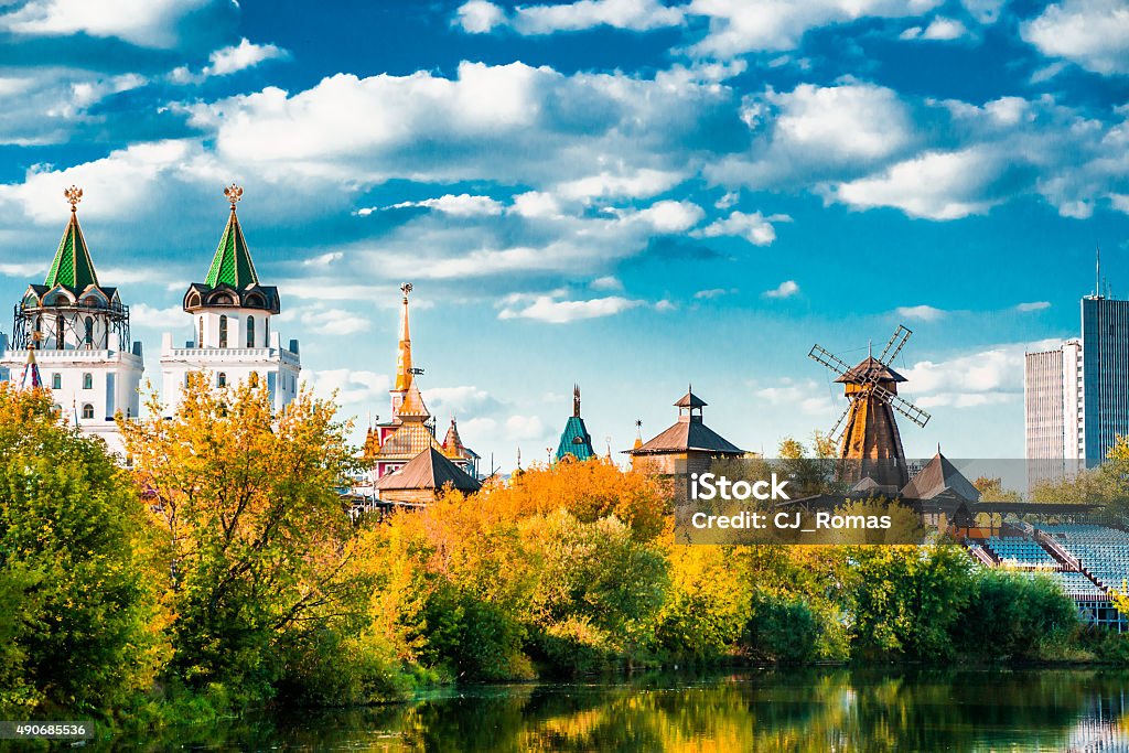 Izmaylovo Kremlin in Moscow, Russia Beautiful landscape with Izmaylovo Kremlin behind river and lush greenery, Moscow, Russia 2015 Stock Photo