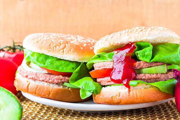 istock Tasty hamburgers fresh lettuce ketchup 490686404