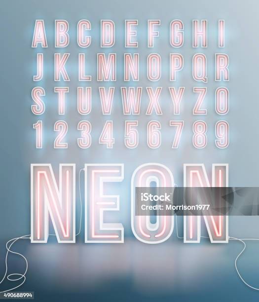 Realistic Neon Font Alphabet Vector Stock Illustration - Download Image Now - Neon Lighting, Neon Colored, Typescript