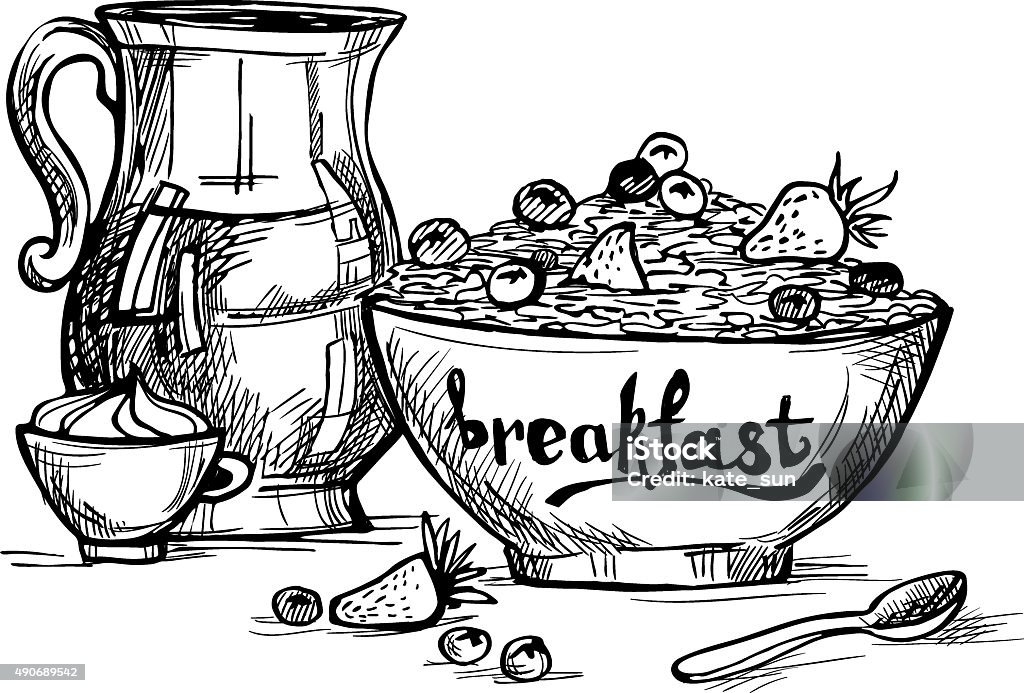 Main dessinée illustration-Le petit déjeuner avec du lait, fruits et porridge - clipart vectoriel de Croquis libre de droits