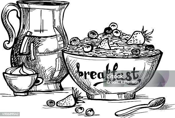 Main Dessinée Illustrationle Petit Déjeuner Avec Du Lait Fruits Et Porridge Vecteurs libres de droits et plus d'images vectorielles de Croquis