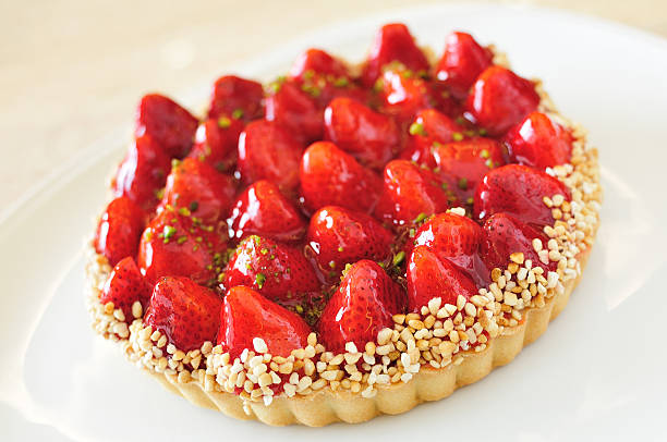 Strawberry cake,strawberry tart.homemade strawberry tart with cream cheese and mint closeup