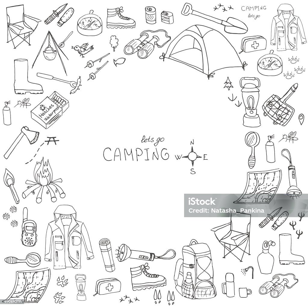 Camping Set of hand drawn camping equipment symbols and icons, hiking, mountain climbing and camping doodle elements, vector illustration, camp clothes, shoes, gear and camp associated things 2015 stock vector