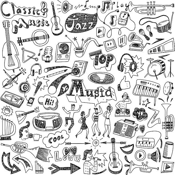 ilustraciones, imágenes clip art, dibujos animados e iconos de stock de música y garabatos - illustration technique people performing arts event musical instrument