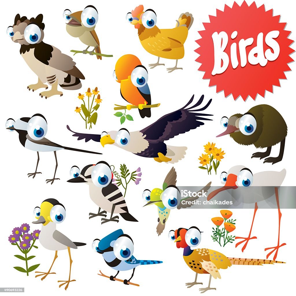 vector cartoon birds funny cartoon eagle, kiwi, woodpecker, pheasant, hummingbird, jay, ibis, harpy, crane, nightingale, rock cock Eagle - Bird stock vector