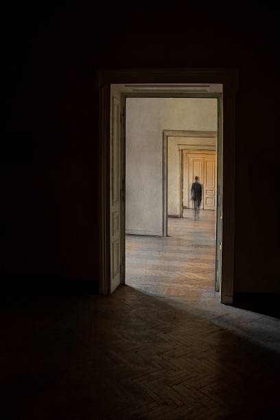 istock Silhouette in a corridor in front of a closed door. 490694226