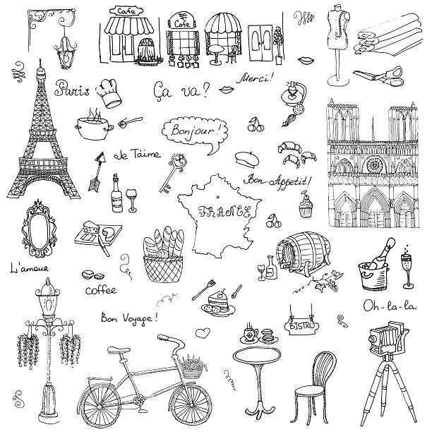 Paris set Set of hand drawn French icons, Paris sketch illustration, doodle elements, Isolated national elements made in vector. Travel to France icons for cards and web pages, Paris symbols collection paris france illustrations stock illustrations