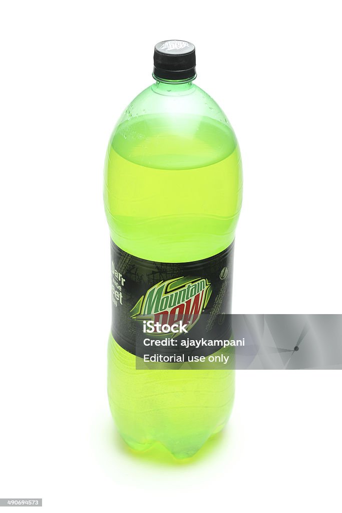 Bottle of Mountain Dew Dehradun, India - May 4, 2014:  An isolated 2.25 liter bottle of Diet Mountain Dew soda, distributed by PepsiCo, inc. This zero calorie drink is made with the artificial sweetener Aspartame. Aspartame Stock Photo