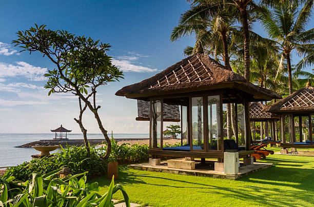 bungalow di lusso vicino al mare a bali - luxury hotel palm tree lush foliage asia foto e immagini stock