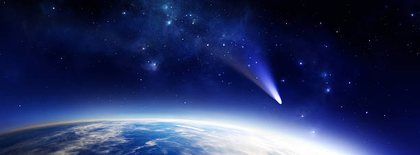 Blue planet with comet Panorama illustration of a blue Earth like alien planet in space with a comet. stratosphere stock illustrations